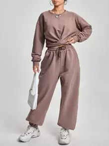 EURMUSE Juego De Dos Piezas De Top Y Pantalones Con Color Sólido Para Mujer - Caqui - Ver 1