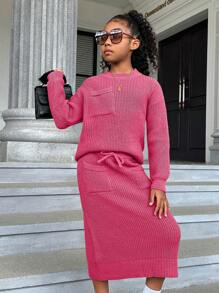 SHEIN Tween Girl Pocket Patched Drop Shoulder Sweater & Knit Skirt - Hot Pink - View 6