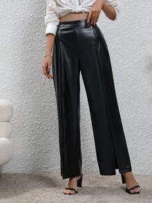 SHEIN Privé Split Hem PU Leather Wide Leg Pants - Black - View 5
