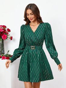 SHEIN Clasi Allover Print Surplice Neck Belted Dress - Dark Green - View 4