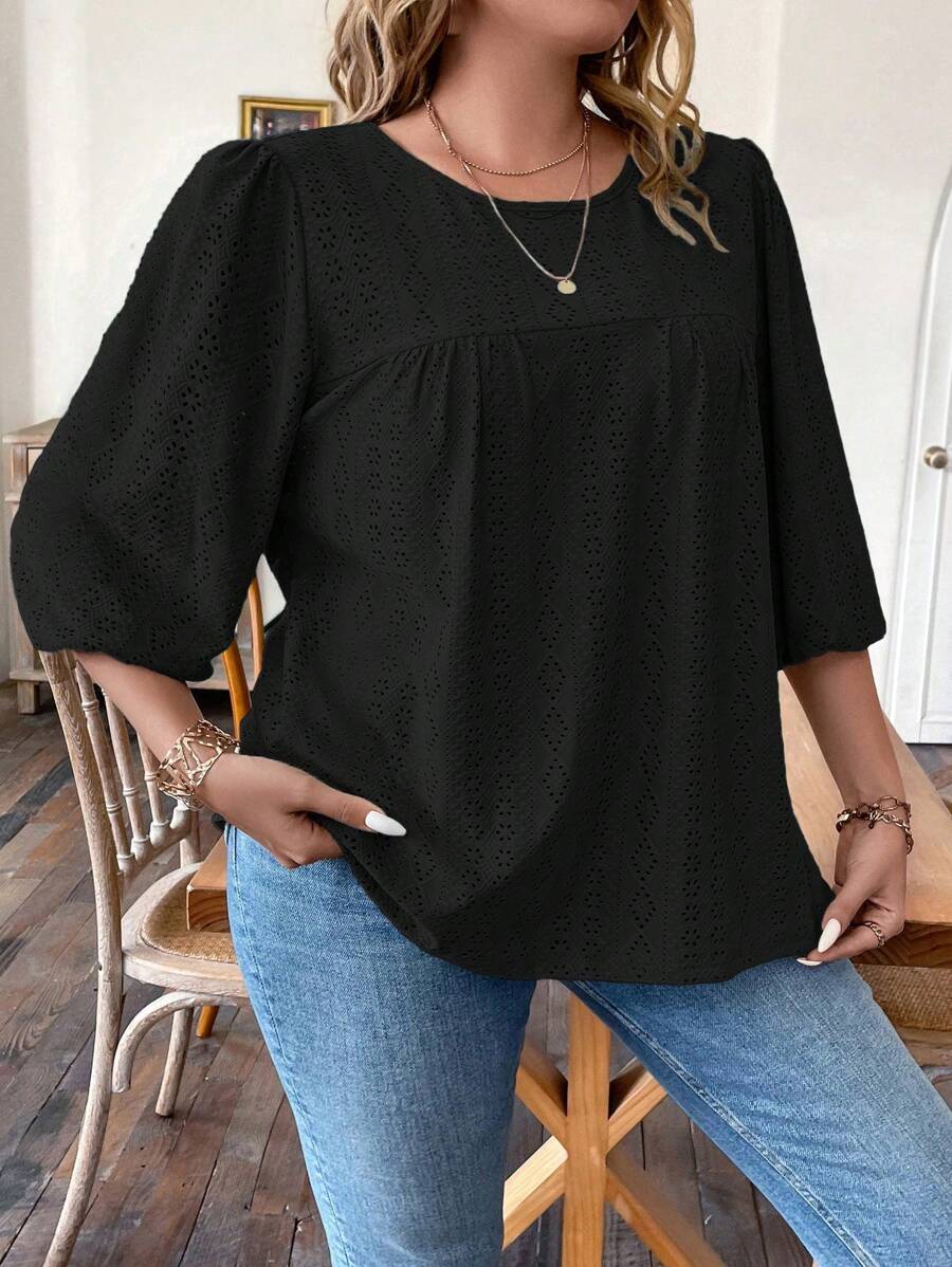 Women's Casual Knitted Jacquard Pattern Round Neck Ruched Lantern Sleeve Relaxed Fit Plus Size Summer T-Shirt