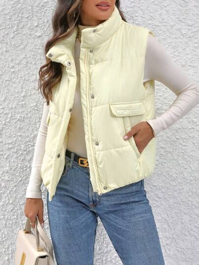 SHEIN Unity Solid-Color Sleeveless Down Jacket With Zippered Front Closure, Pockets Detail For Women