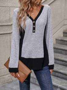 SHEIN LUNE 撞色前紐扣T恤 - 灰色 - 查看 3