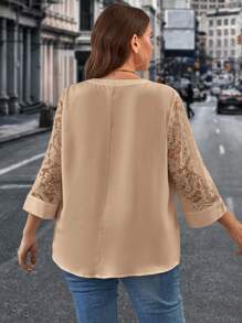 SHEIN Clasi Plus Contrast Lace Notched Neckline Blouse