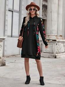 EMERY ROSE Tương phản In hoa Dây rút Đàm áo cánh có mũ - Nhiều màu - Xem 3