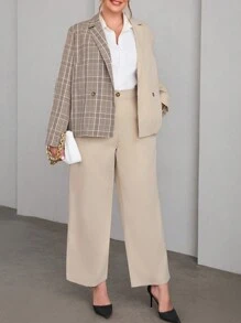 SHEIN Essnce Plus Plaid Double Button Blazer & Suit Pants - Beige - View 3