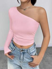 SHEIN Unity Top Corto Con Un Hombro Fruncido Y Lateral, Top Para Salir - Rosa - Ver 5