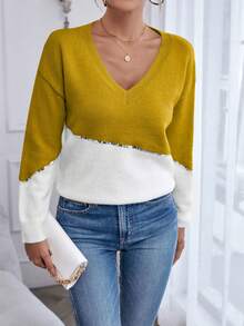 SHEIN Essnce 雙色對比亮片下垂肩毛衣 - 黃色 - 查看 3