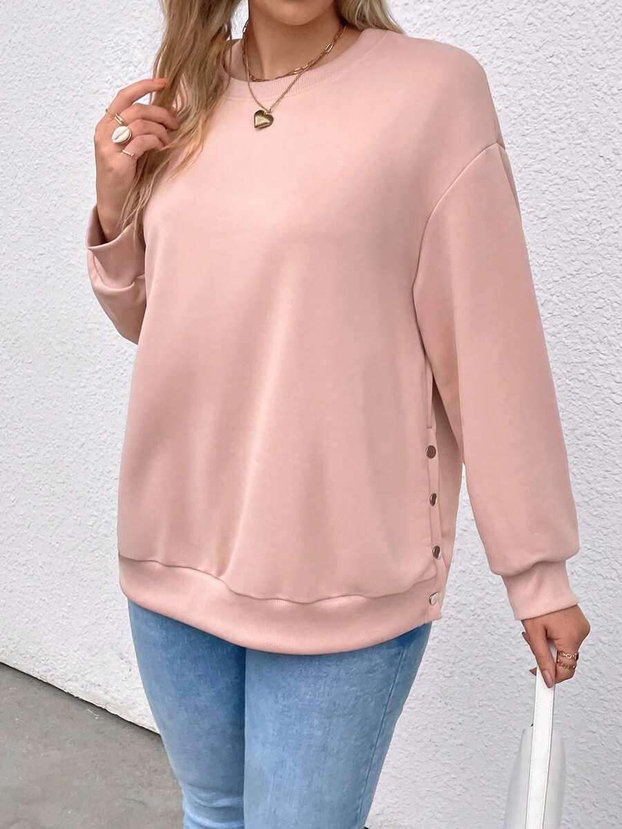 SHEIN LUNE Hơn Chất rắn Thả vai Áo nỉ - Hồng - Xem 1
