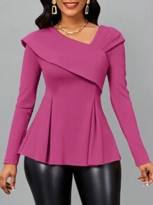 SHEIN Lady Xếp nếp Cổ không đối xứng Xoay eo Áo thun - Màu Hồng Tươi - Xem 1