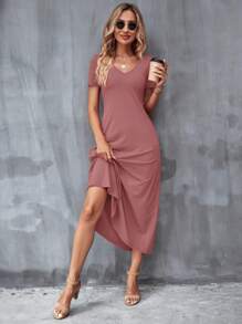 SHEIN Clasi Chất rắn Túi ẩn Đầm - Bụi hồng - Xem 3