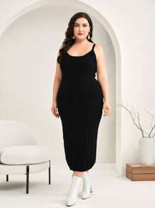 Modelyn 女款大尺碼羅紋粗針織毛衣洋裝搭配開襟衫套裝 - 黑色 - 查看 4