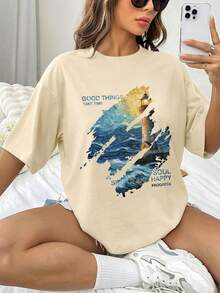 SHEIN EZwear Biển & Đồ họa Khẩu hiệu Áo thun Thả vai - Màu Khaki - Xem 4