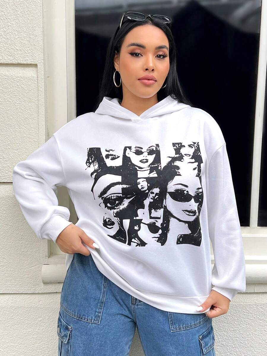 SHEIN EZwear 大码印花落肩卫衣 - 白色 - 查看 1