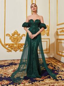 Off Shoulder Puff Sleeve Sequin Mermaid Formal Dress - Dark Green - View 4