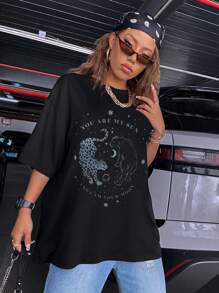 SHEIN Animal & Slogan Graphic Drop Shoulder Oversized Tee - Black - View 4