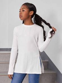 SHEIN Cô gái Tween Chất rắn Viền chia cắt Áo thun - trắng - Xem 5