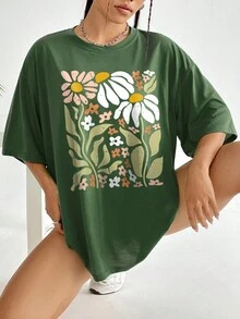 SHEIN EZwear Camiseta de hombros caídos con estampado floral - Verde militar - Ver 3