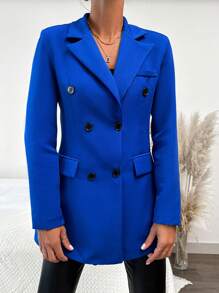 EURMUSE Lapel Neck Double Breasted Flap Detail Blazer - Blue - View 5
