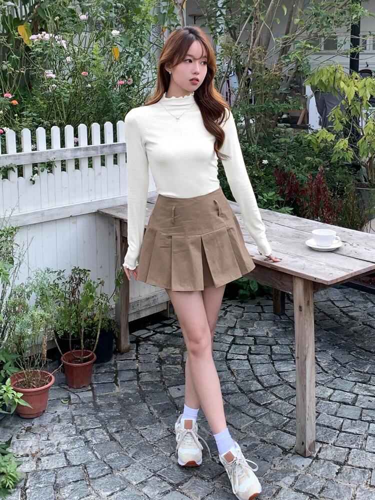 Solid Mock Neck Lettuce Trim Tee Long Sleeve Women Tops