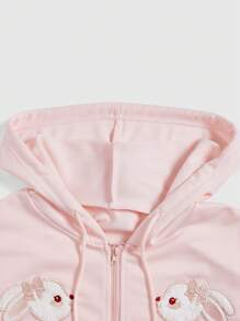 ROMWE Kawaii 女性卡通兔子刺繡拉鏈式連帽衫帶袋鼠口袋 - 粉色 - 查看 5