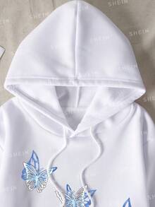 女士休闲连帽衫，学院风蝴蝶印花，秋冬季保暖运动风 - 白色 - 查看 6