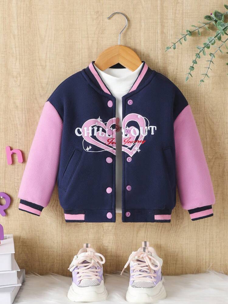Baby Girls' Casual Color Block Baseball Jacket With 3d Heart Embroidery Decoration