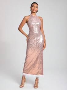 NEW FEMME Designer Sequin Dress With Fuzzy Hem, Summer Elegant Dress, Holiday, Party, Birthday Outfits, Festival, Wedding, Prom Dress - Baby Pink - View 6