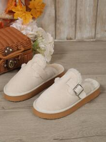 New Arrival Fluffy Slip-On Slippers, Thick Sole Snow Slides With Toe Cover And Plush Lining For Women, Suitable For Fall/Winter,Furry Shoes