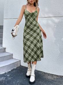 SHEIN Clasi Plaid Print Cami Dress - Green - View 6