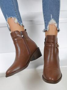Women's Brown Pointed Toe Chunky Heel Zip-Up Short Boots, Casual Autumn/Winter Boots