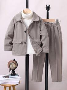 SHEIN Conjunto De Chaqueta De Traje Con Solapa Para Jovencito Y Pantalones Casuales