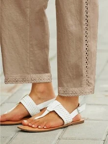 女式直筒亚麻中腰休闲街头风格度假蕾丝口袋纯色裤子 - 卡其色 - 查看 3