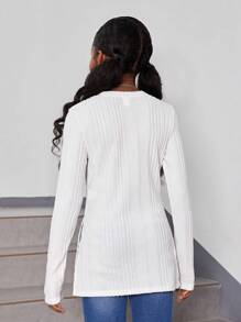 SHEIN Cô gái Tween Chất rắn Viền chia cắt Áo thun - trắng - Xem 2