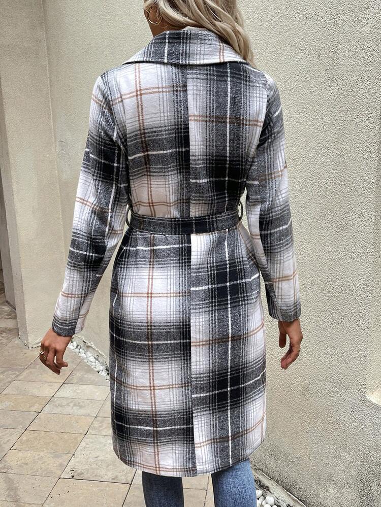 Plaid Print Lapel Neck Belted Overcoat