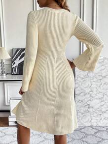 SHEIN Clasi Vestido de punto unicolor de manga amplia tejido de canalé sin cinturón - Albaricoque - Ver 2