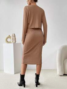 SHEIN Essnce Solid Button Front Jacket & Bodycon Dress - Apricot - View 2