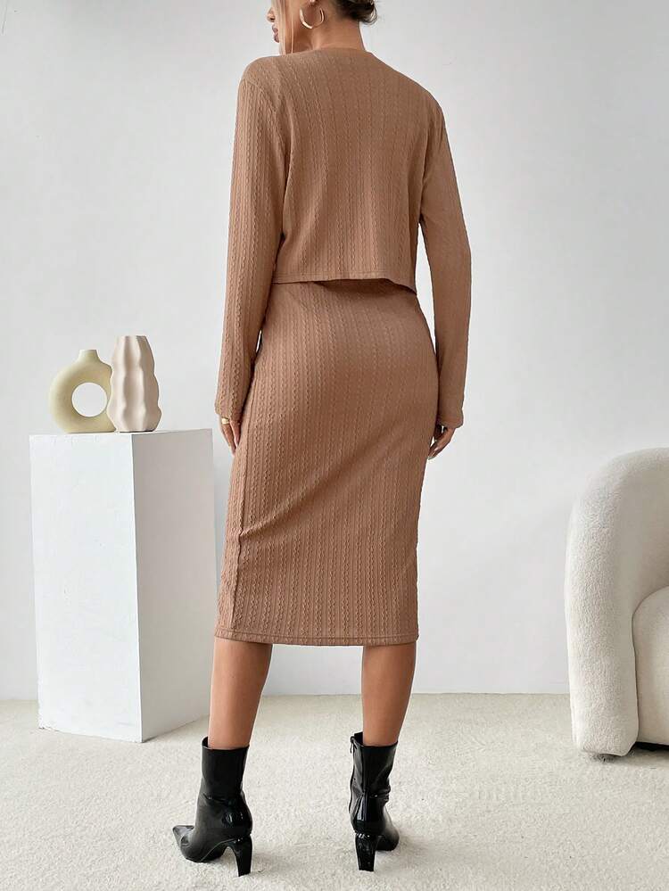 Solid Button Front Jacket & Bodycon Dress