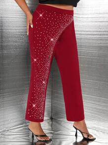 SHEIN SXY Plus Rhinestone Detail Pants - Burgundy - View 4