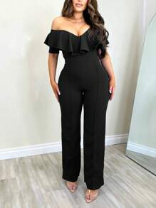 Women's Elegant Ruffled Off Shoulder Solid Color Jumpsuit - Black - View 2
