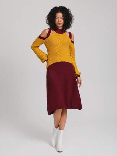 Abelis Vestido de suéter elegante con recorte de hombros descubiertos y bloques de color, para fiestas, vacaciones, cumpleaños, festivales, bodas, bailes de graduación