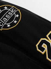 Men's Long Sleeve Fashionable Casual Warm Thermal Lined Letter Embroidered Jacket, For Fall Winter - Black - View 6