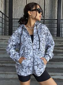 EURMUSE Cartoon Print Zip Up Drawstring Hoodie - Multicolor - View 3