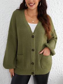 SHEIN Unity 大碼落肩袖口袋貼布開襟衫 - 軍綠色 - 查看 4