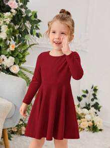 SHEIN Young Girl Solid Round Neck Flared Dress - Red - View 4