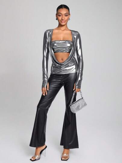 SEPARATE STACKS by DEASJ 设计师女式垂褶前金属上衣，秋季，适合秋季、假期、外出、节日