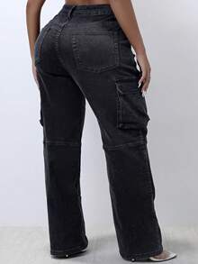 女士休闲街头风卷边弹力工装牛仔裤 - 灰色 - 查看 3