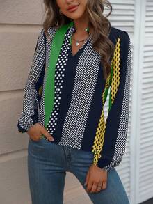 SHEIN Clasi In vết tròn Polka Đường viền cổ có rãnh Tay áo lồng đèn Áo sơ mi - màu xanh lá - Xem 6