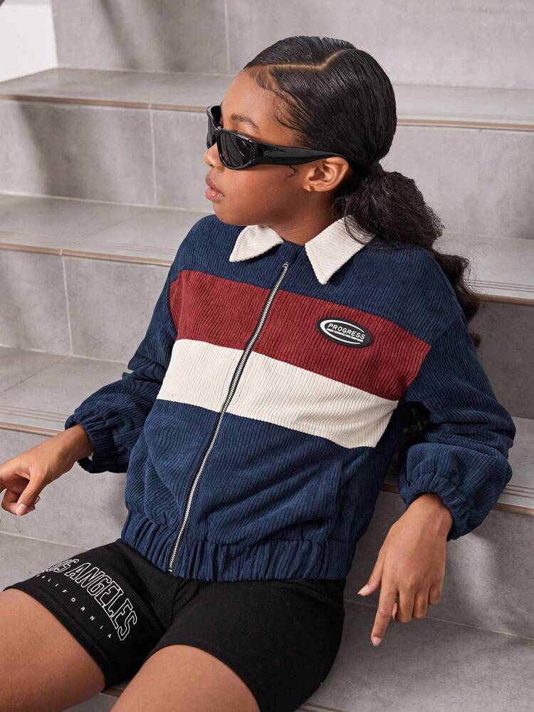 Tween Girls' Casual Color Blocking Woven Jacket For Autumn And Winter