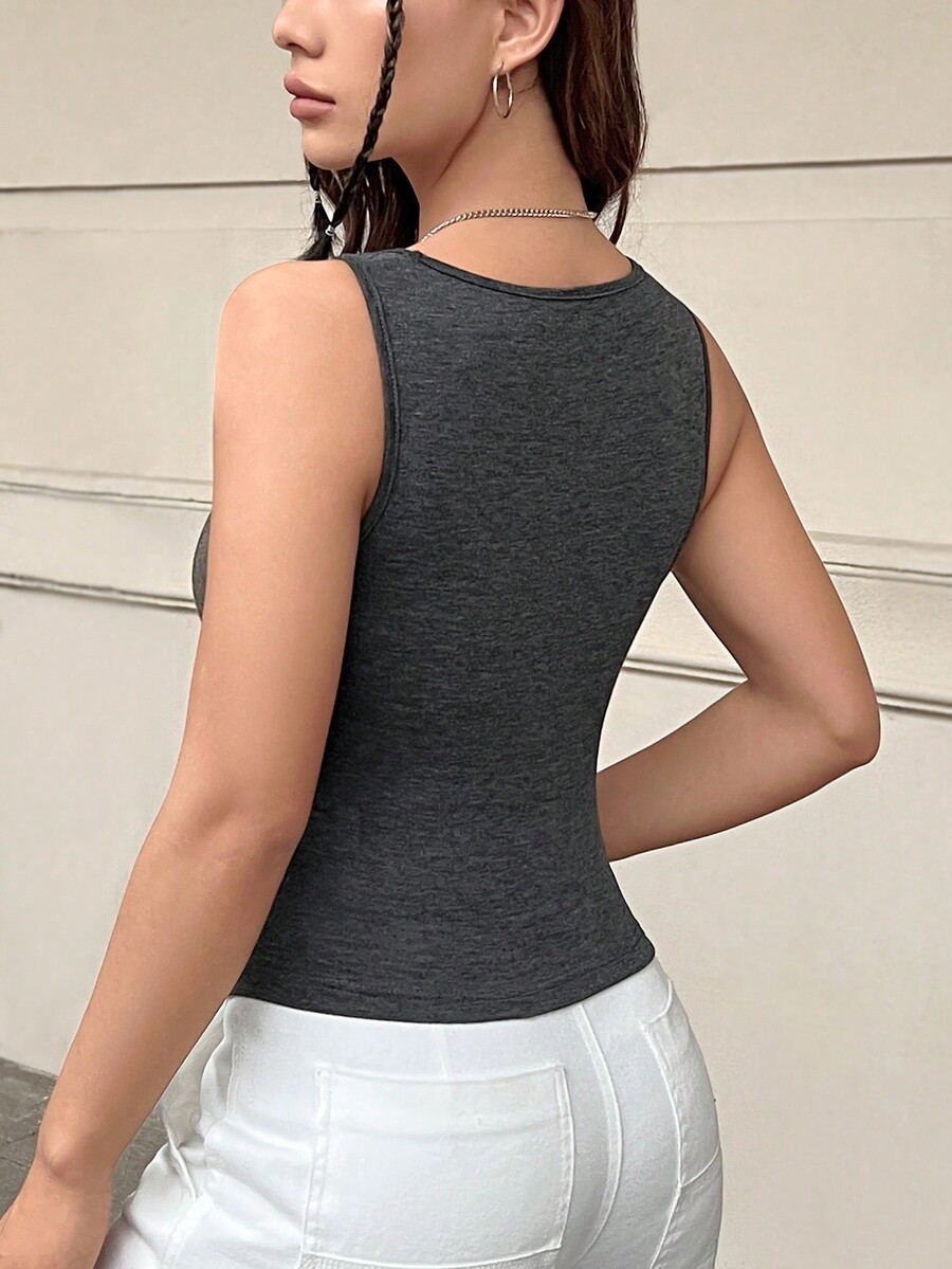 SHEIN EZwear Women's Deep Grey Knitted Slim Fit Tank Top For Summer